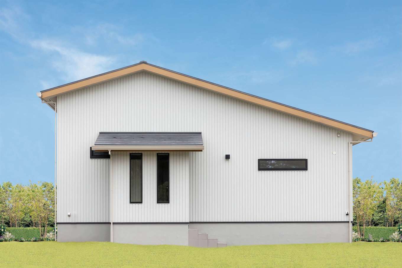 住まいるコーポレーション【自然素材、間取り、平屋】外壁を白で統一した清楚なイメージの外観。玄関ポーチはプライバシーに配慮して壁で隠してある