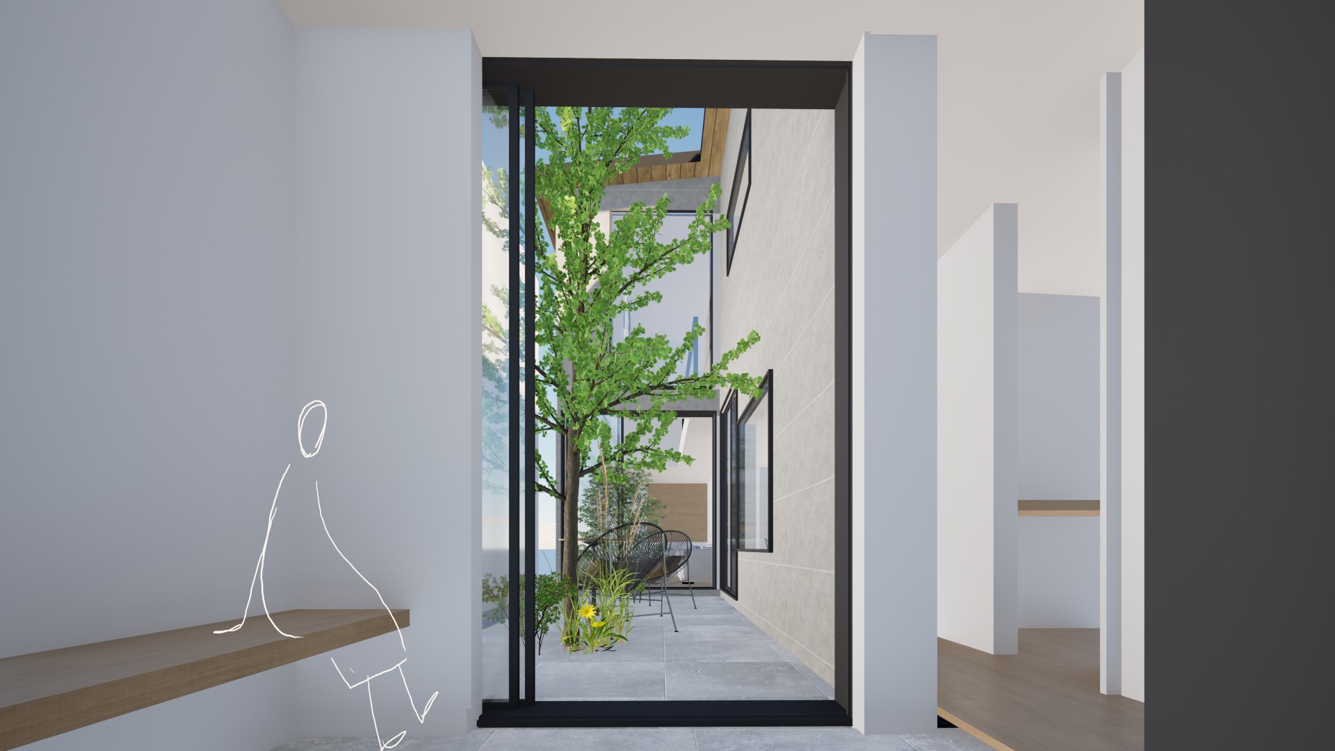 Fix窓から中庭を臨む玄関