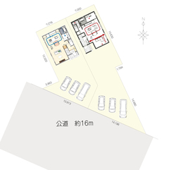 吉川住建【レジリエンスパーク豊田市今町】区画図【建物配置参考】広い間口で3台並べて駐車可能（車種による）です。お庭スペースも確保できます。