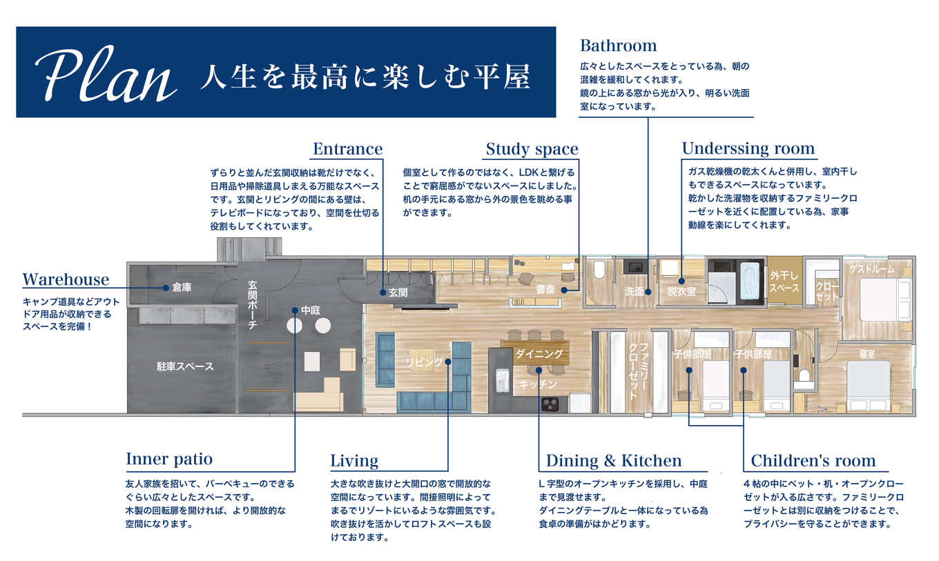 平屋建築ブルーハウス 建築家と叶えたリゾート感覚で暮らせる平屋 1階