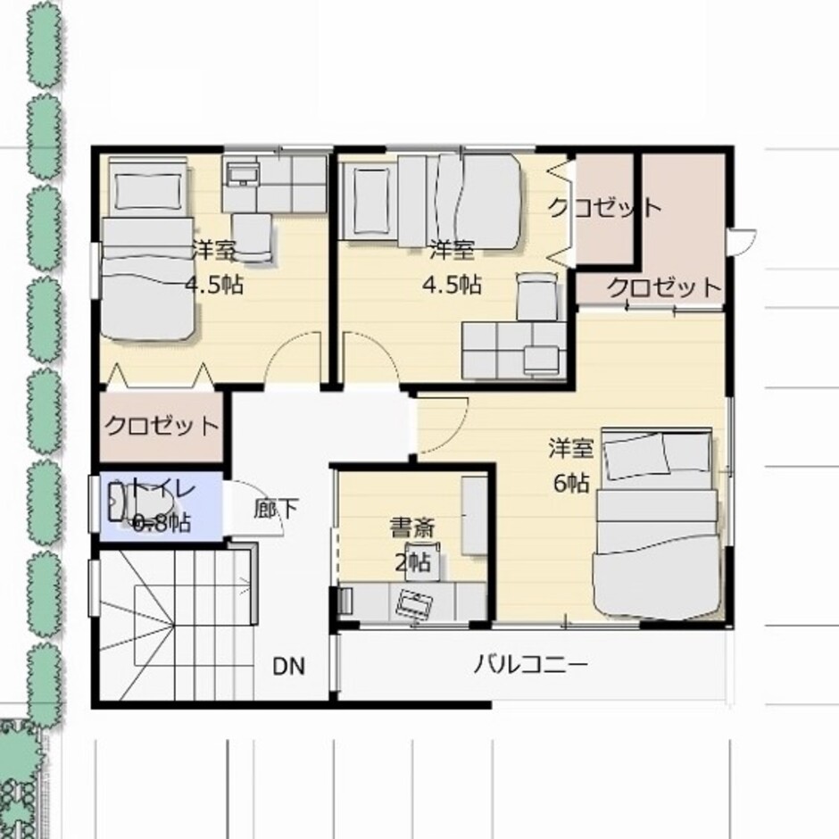 建築システム（狭小住宅専門店） プラン６－間口７．２ｍ（４．０間）　２階建て　延床面積９３．１㎡（２８．１坪） ２階