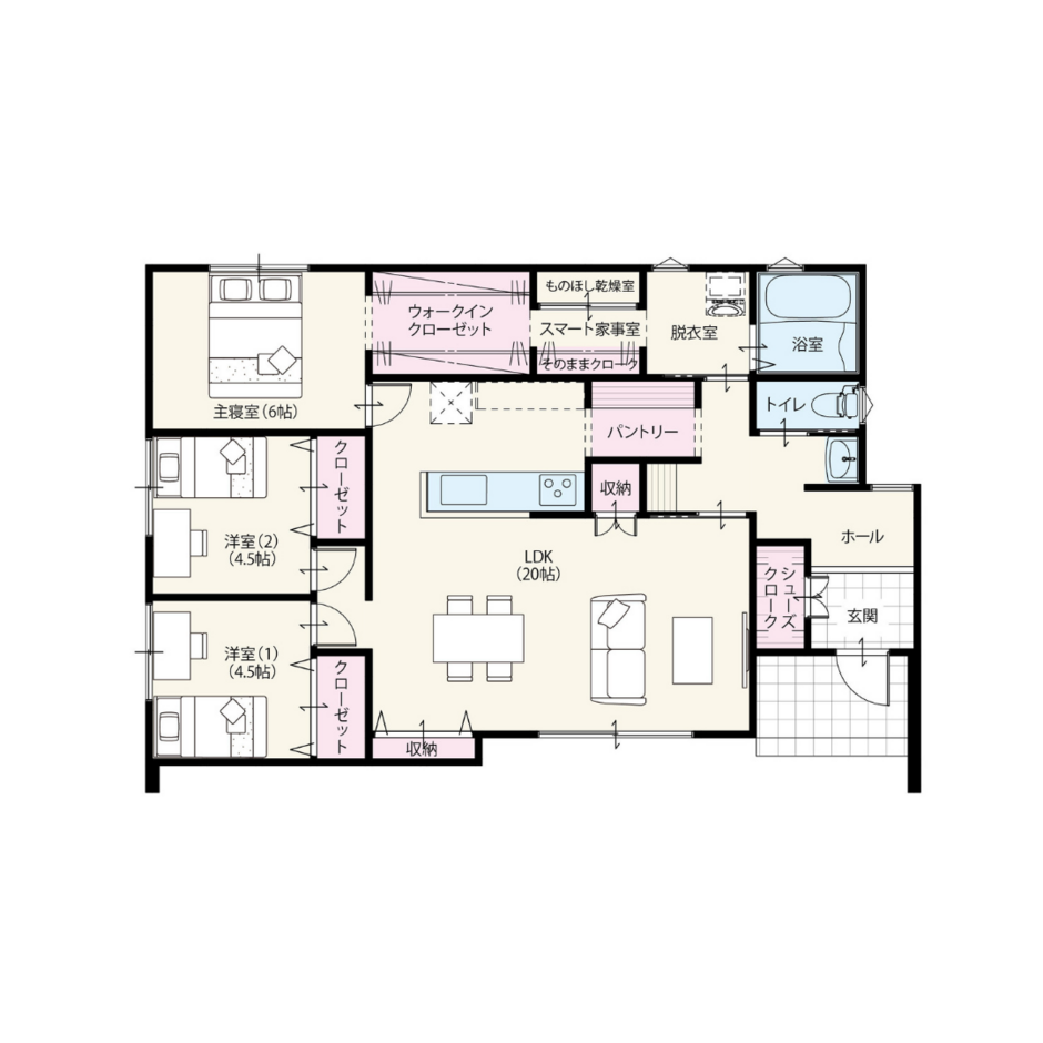 グローバルハウス 【平屋/3LDK/28坪】スマート家事室付きの平屋 間取り