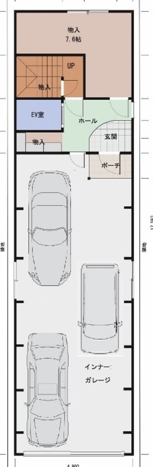 建築システム（狭小住宅専門店） プラン２９－間口４．９ｍ（２．７間）３階建ビルトインガレージ　延床面積２５７㎡（７７．８坪） １階