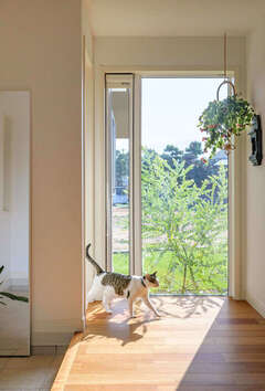 玄関ホールの両サイドにFIX窓と換気窓を配置