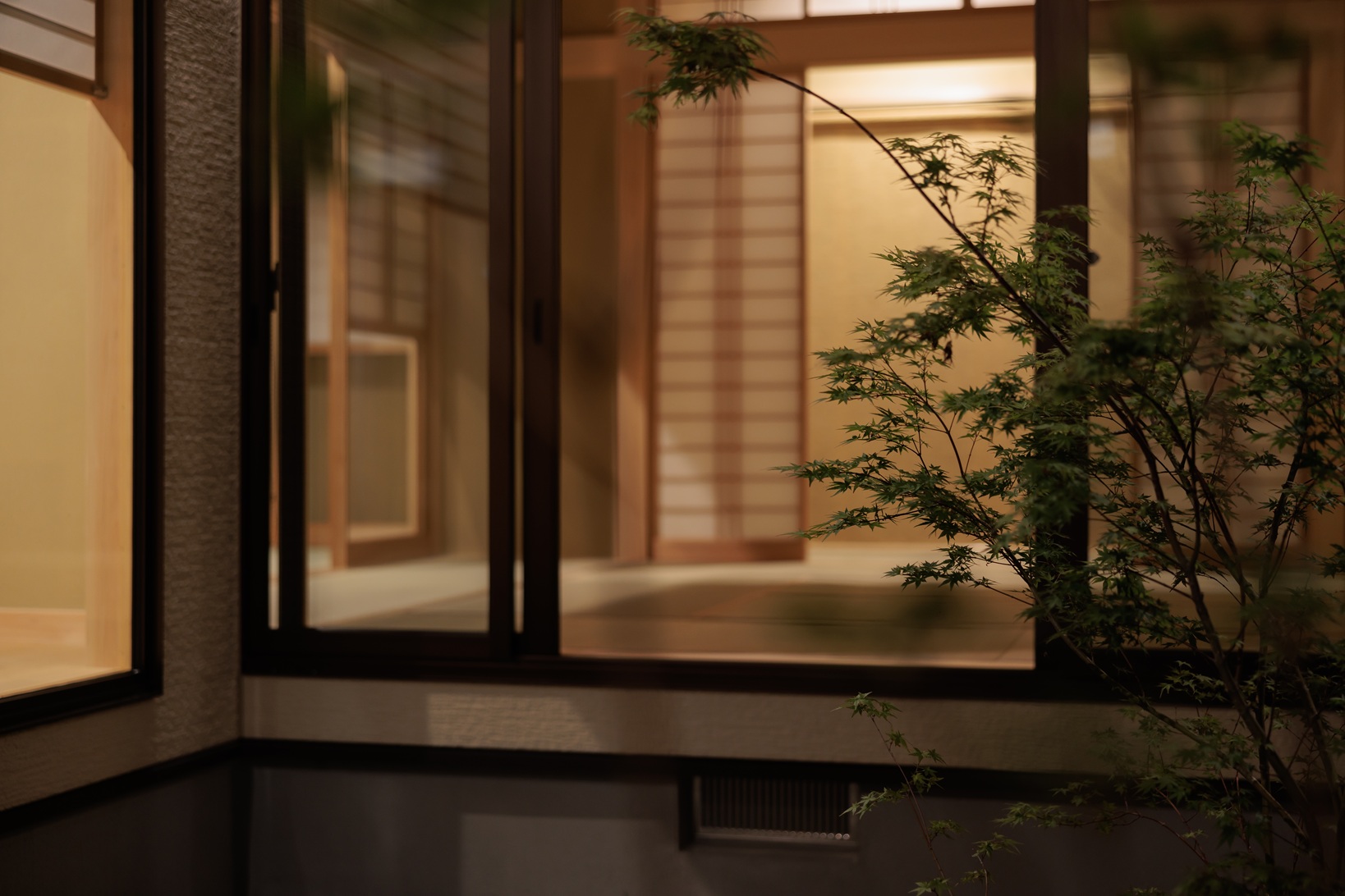 カネタケ竹内建築｜中庭から望む日本家屋の風情ある景色。木々がもたらす緑と光が、静寂で落ち着きある空間を演出している。
