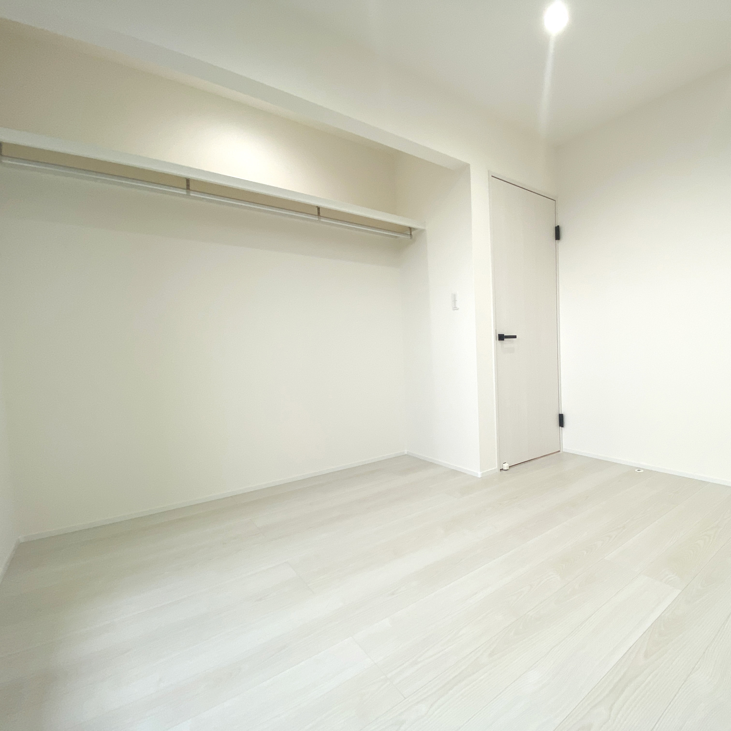 モデスト｜シンプルで広々としたクローゼット。衣類をたくさん収納でき、整理整頓がしやすい設計。白を基調とした明るい空間が特徴。