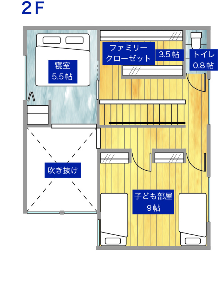 平屋建築ブルーハウス 遊び心を散りばめた、開放的でホテルライクな二階建て 2階