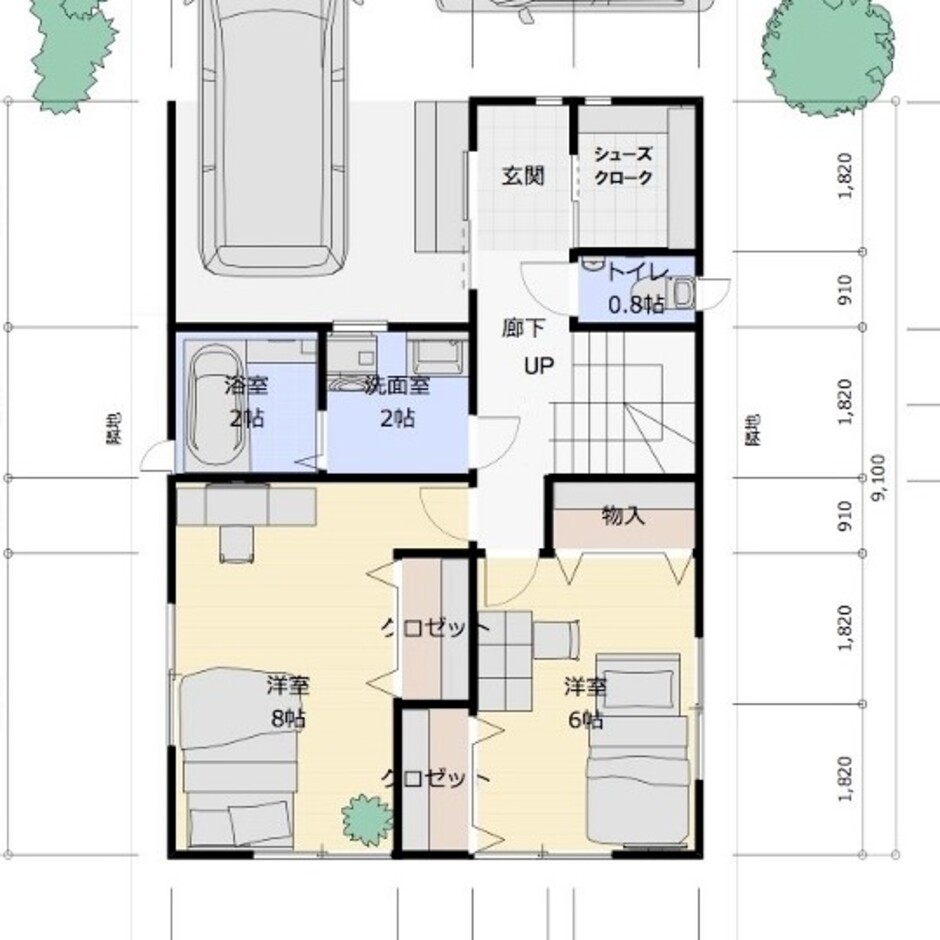 建築システム（狭小住宅専門店） プラン５－間口６．３ｍ（３．５間）　２階建て　延床面積１１４㎡（３４．４坪） １階