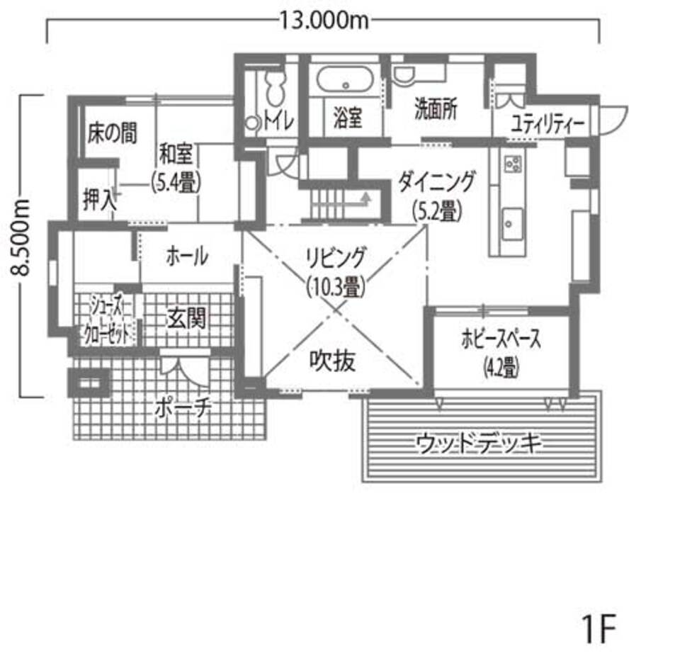 エフエフ住宅 解放感と回遊動線と細かな収納計画があるひのきの家 1階