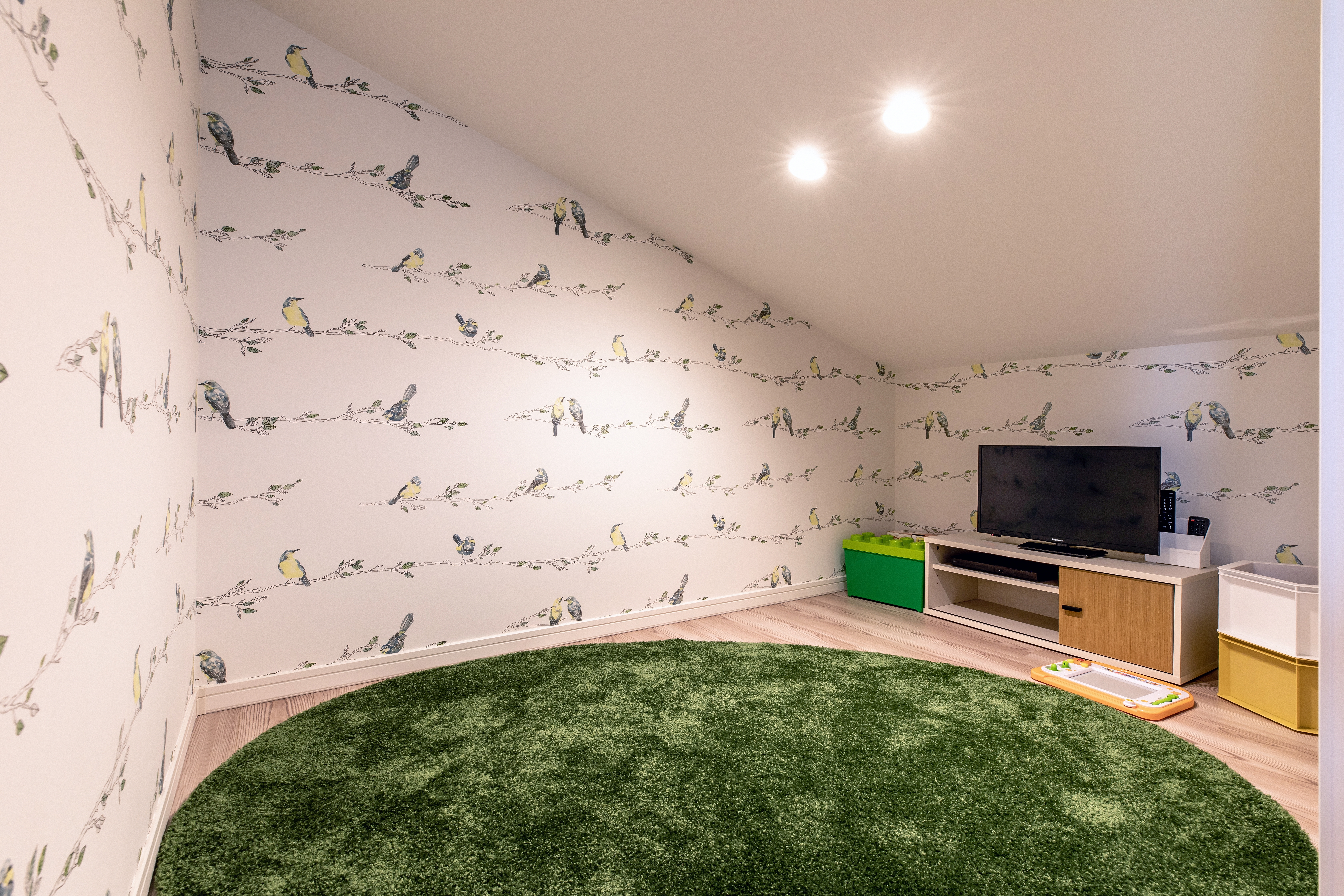 コンチネンタルホーム｜鳥のイラストが描かれた壁紙を使用した屋内遊び場。柔らかな円形カーペットが敷かれ、安全で楽しいスペースを提供している。