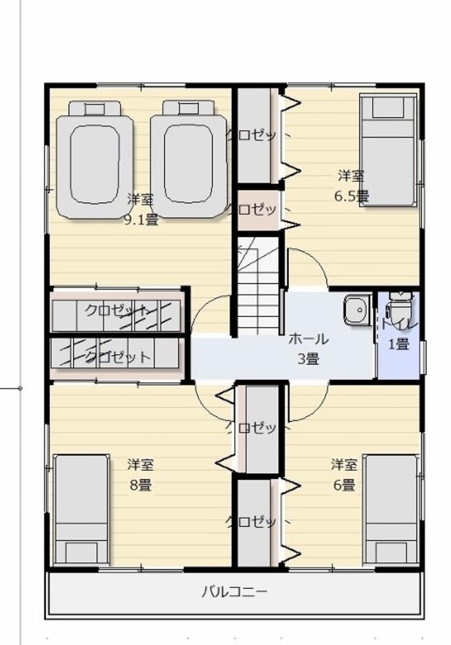 建築システム（狭小住宅専門店） プラン３５－間口７．７ｍ（４．２間）　２階建て太陽光発電　延床面積１４５㎡（４３．８坪） ２階