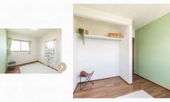 フレッシュな緑のアクセントクロスが爽やかな子ども部屋。シンプルなデザインで、多目的に使える