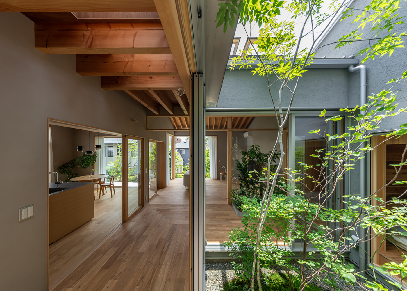 m+h（エムアンドエイチ）建築設計スタジオ【自然素材、建築家、平屋】中庭と前庭の緑、外構の植栽へとつながっていく心地いい空間