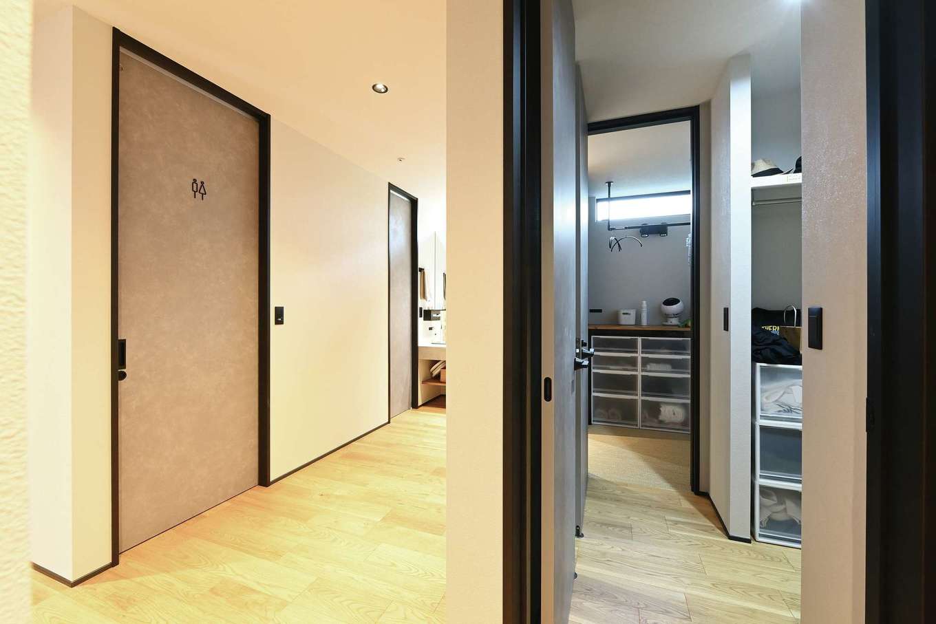 REIWA HOUSE（令和ハウス）【省エネ、間取り、平屋】玄関→ホール→ウォークスルークローゼット→脱衣室兼ランドリー・浴室→手洗い室→パントリー→LDKにつながる回遊動線