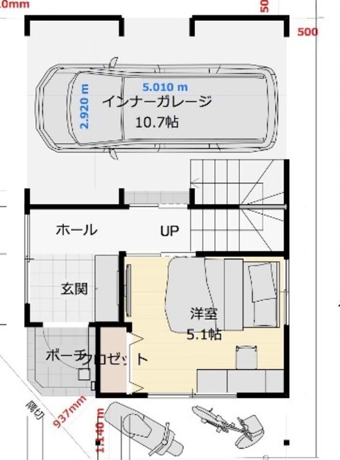 建築システム（狭小住宅専門店） プラン７－間口５．０ｍ（２．７間）　３階建て　延床面積９８㎡（２９．６坪） １階