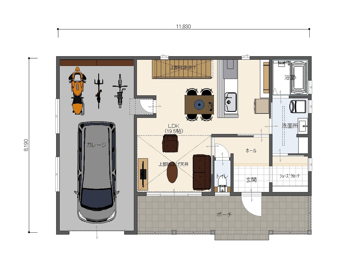 Yamaguchi Design  インナーガレージ・カバードポーチのある住まい 1階