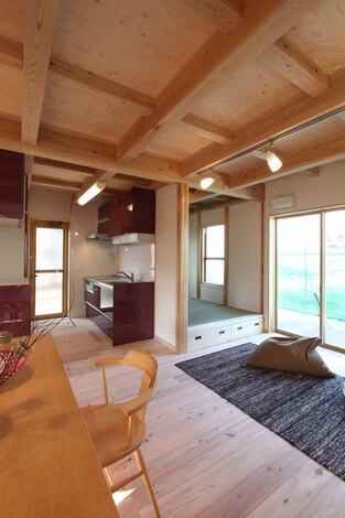 柱、梁などの構造材をはじめ、床にも地域材である大井川のスギを使用。 シェアハウスとして、2つの世帯が会する、くつろぎのLDK