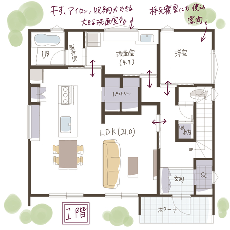 子育て安心住宅 Design Craft Office 寒冷地水準の温もりあふれる家で開放的＆安心な毎日 1階