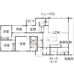 【1000万円台/平屋/3LDK/間取り図】勾配屋根のラインが美しい平屋。生活感を抑えたホテルライクな平屋
