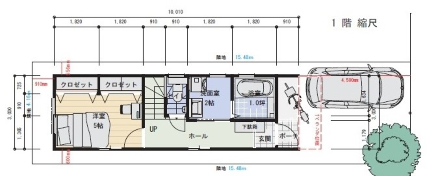 建築システム（狭小住宅専門店） プラン３４－間口３．０ｍ（１．６間）　２階建て　延床面積６０㎡（１８．１坪） １階