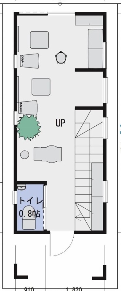 建築システム（狭小住宅専門店） プラン２１－敷地９坪 店舗兼住宅 間口２．７ｍ（１．５間）　２階建て　延床面積３６㎡（１０．９坪） 1階