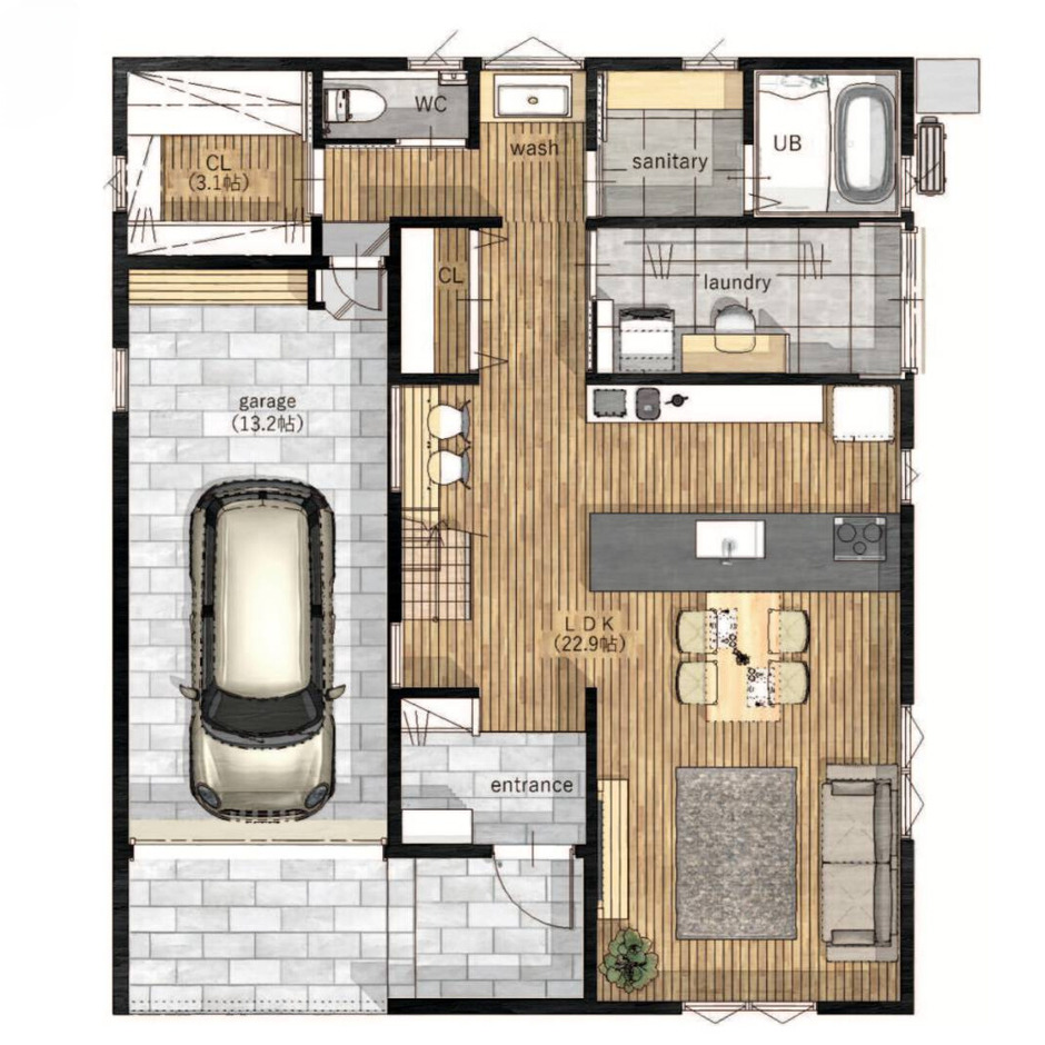 ひだまり工房 インナーガレージ付き！性能と暮らしを両立させたスマートハウス 1階