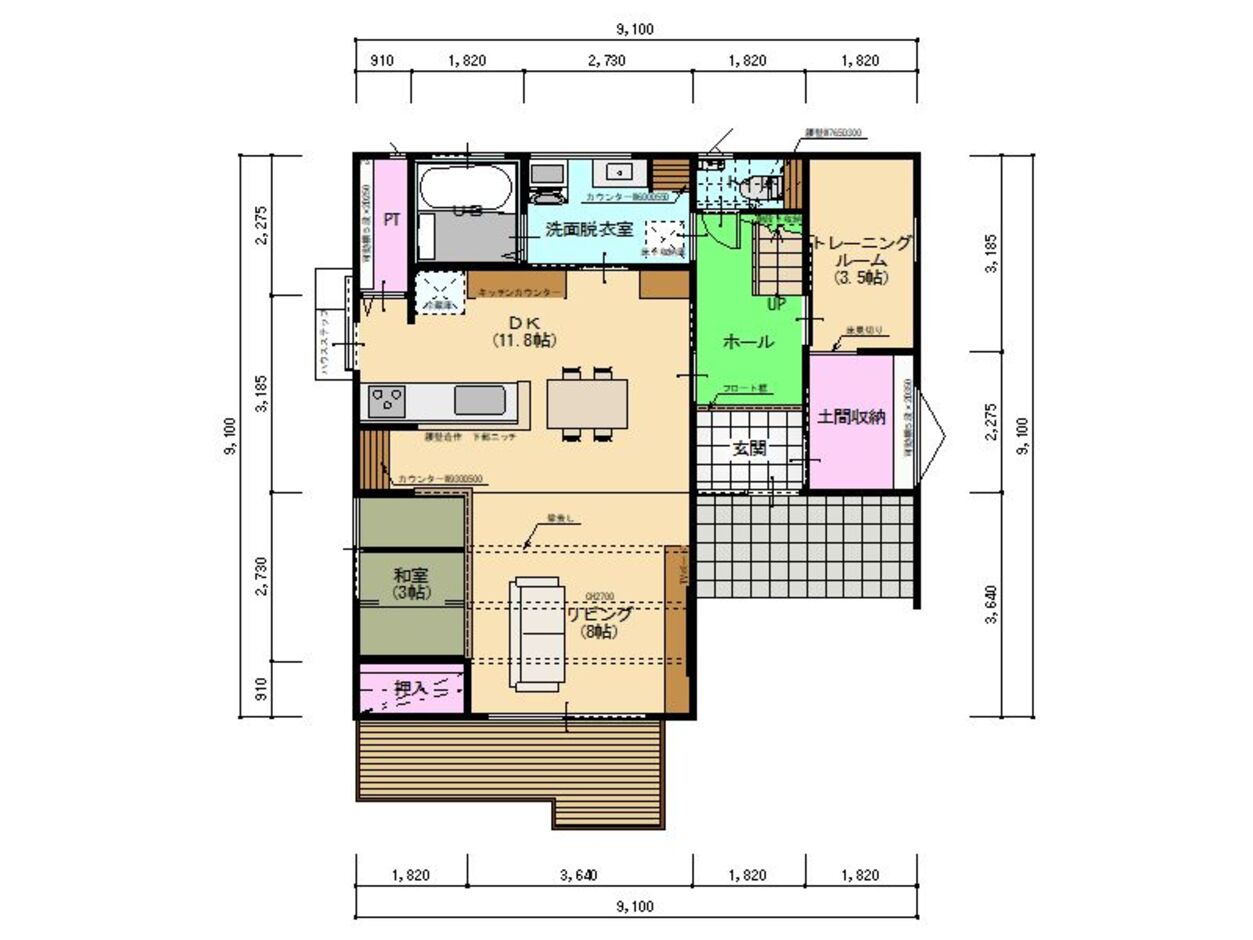 幹工務店 こだわりはダイニングキッチン！ブルーのキッチン×レッドシダーが目を惹く家 1階