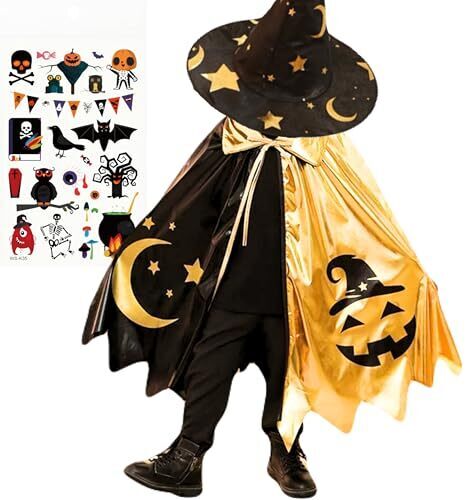 [Arimiee] ハロウィン コスプレ 子供 マント 魔女 とんがり帽子 仮装 キッズ 男の子 男女兼用 パーティー イベント キラキラ カボチャ ポンチョ タトゥーシール おまけ (マント＆帽子),ハロウィン,マント,