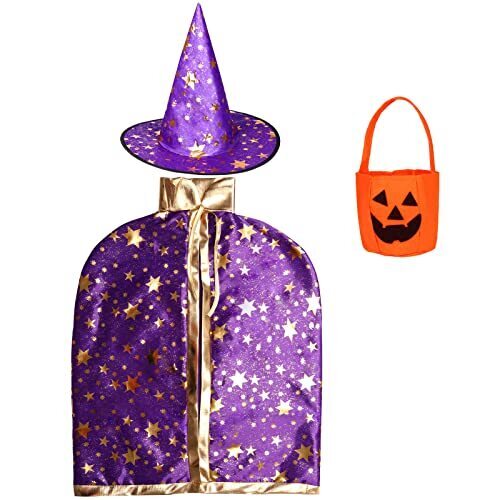 [Formemory] ハロウィン コスプレ 魔女 子供 仮装用マント 帽子付き 男女兼用 キッズコスチューム ハロウィン クリスマス パーティー イベント 仮装3点セット (パープル),ハロウィン,マント,