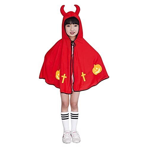 [FakeFace] 子供 コスプレマント 角付き キッズ 悪魔 コスチューム フード付き ハロウィン コスプレ衣装 仮装マント 男の子 女の子 変装グッズ パーティー 学園祭 文化祭 演出 なりきり変身 ケープ,ハロウィン,マント,
