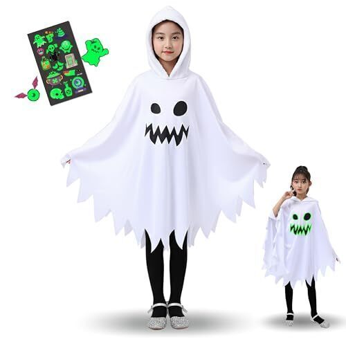 [GOKEI] ハロウィン コスプレ 子供 ポンチョ お化けポンチョ フード付き タトゥーシール1枚 仮装 コスプレ服 キッズ おばけマント 幽霊マント かわいいゴースト 魔女 精霊 悪魔 男の子 女の子 演出服 コスチューム 衣装 M,ハロウィン,マント,