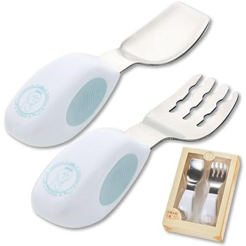 BabyGoo【自分で食べたくなる】 赤ちゃん スプーン フォーク モンテッソーリ保育士推薦 1歳から 離乳食 ベビーカトラリーセット 赤ちゃん 食器 人気 出産祝い 12か月～【BabyGoo】 (ペールブルー),ベビー,フォーク,