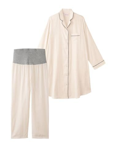 [ANGELIEBE エンジェリーベ] マタニティ パジャマ ダブルガーゼ 産前 産後 パンツ付き シンプル 上下セット 前開き 長袖 入院 出産準備 S-M アイボリー,マタニティパジャマ,パジャマ,