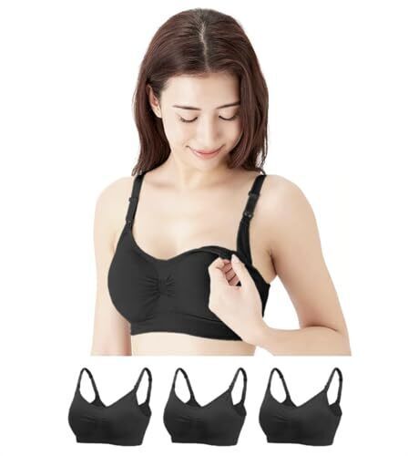 [チャーメイクボディ] まなべび受賞 3枚セット 授乳ブラ 垂れ防止 肌に優しい マタニティブラ ストラップオープン 産前 産後 延長ホック付き (M, ブラック×3),授乳ブラ,おすすめ,