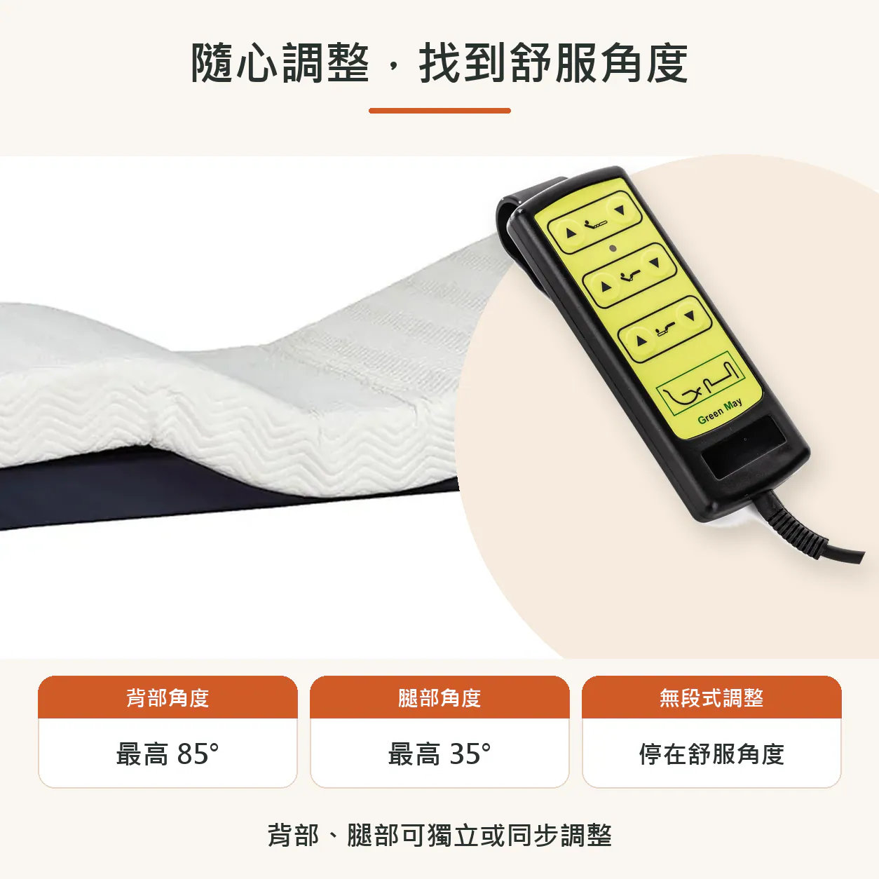 隨心調整,找到舒服角度;背部、腿部可獨立或同步調整