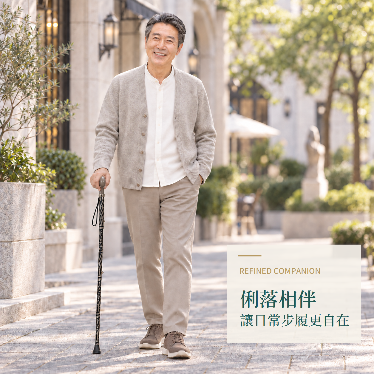 男性於戶外自然使用幾何黑條紋碳纖維折疊手杖