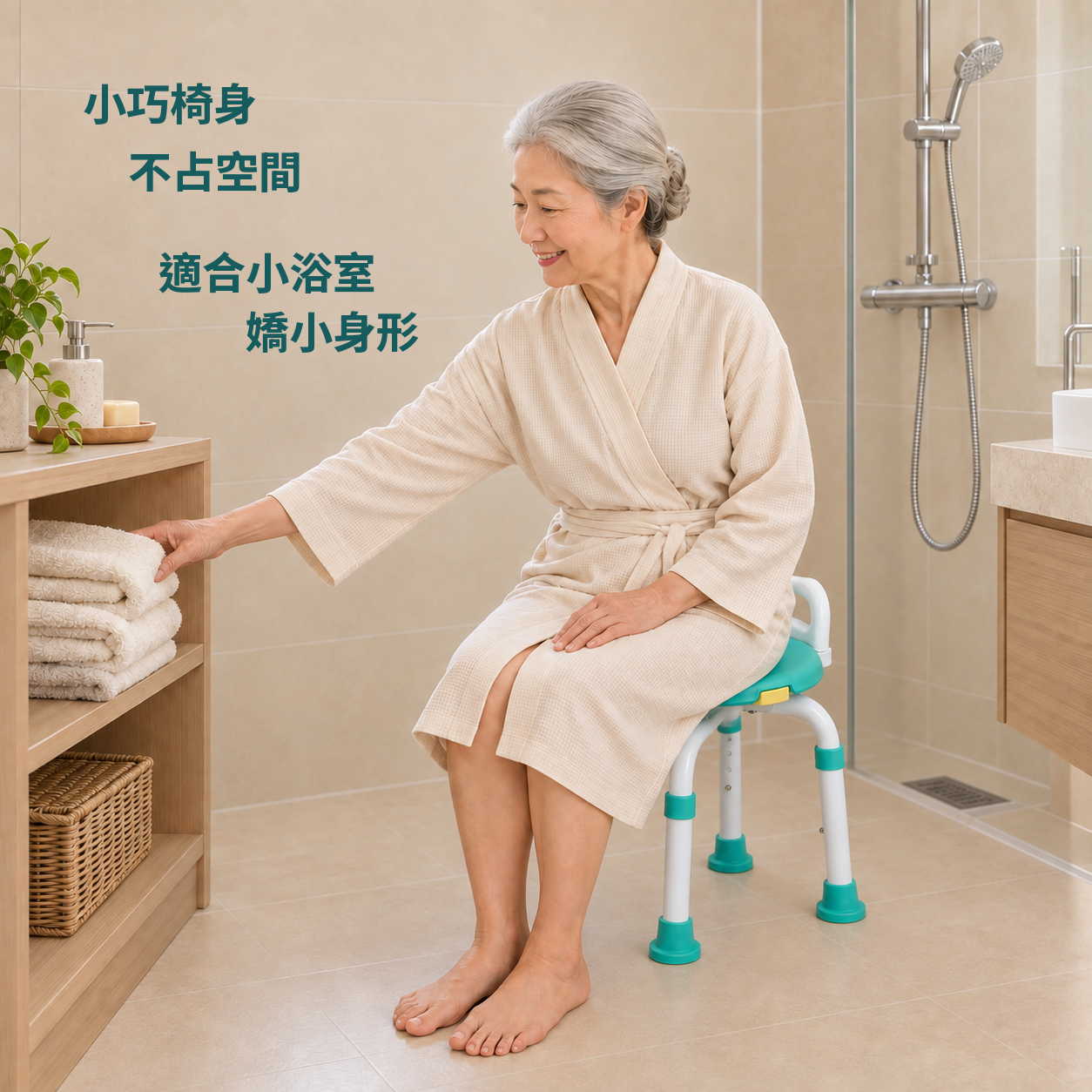 小巧椅身不占空間，適合小浴室及嬌小身形