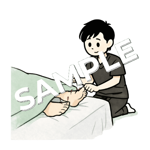 足に鍼治療をしている男性鍼灸師のイラスト
