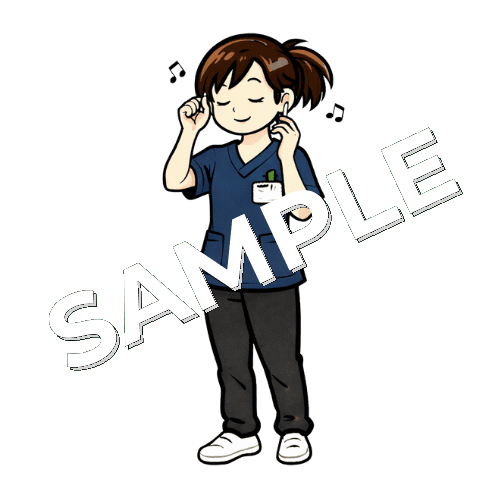 ワイヤレスイヤホンで音楽を聴く女性理学療法士のイラスト