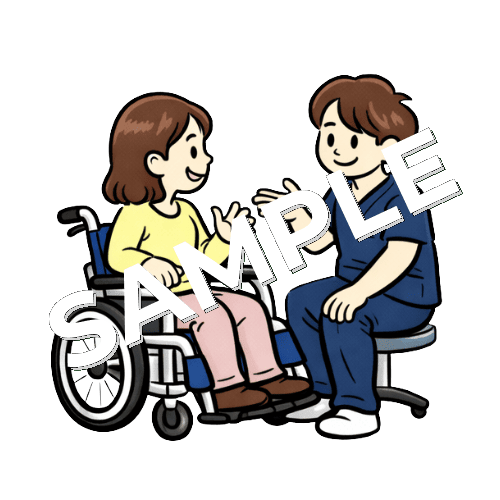 車椅子に座った女性患者と会話する男性理学療法士のイラスト