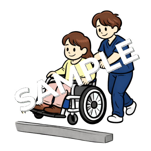 車椅子介助で段差を乗り越える男性理学療法士と女性患者のイラスト