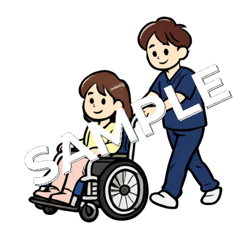 女性患者の車椅子誘導をする男性理学療法士のイラスト