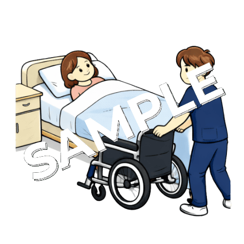 車椅子をもって病室に女性患者を迎えに行く男性理学療法士のイラスト