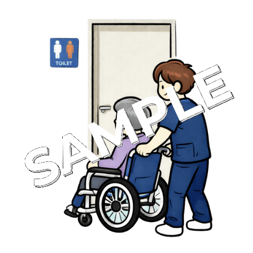 男性患者を車椅子でトイレ誘導する男性理学療法士のイラスト