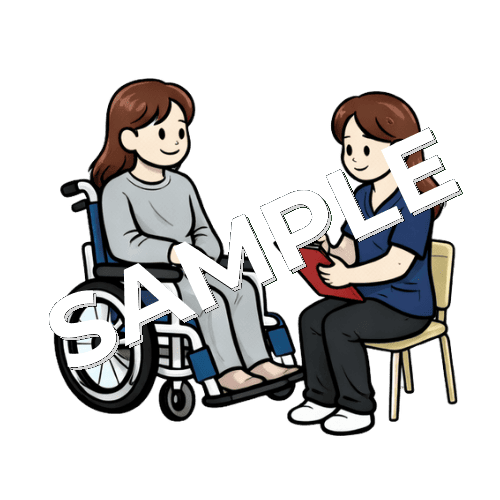 車椅子に座った女性患者に説明をする女性理学療法士のイラスト