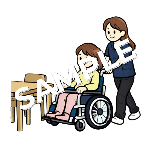 デイルームへ女性患者を車椅子誘導する女性理学療法士のイラスト