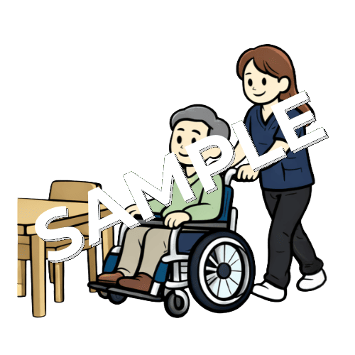 デイルームへ男性患者を車椅子誘導する女性理学療法士のイラスト