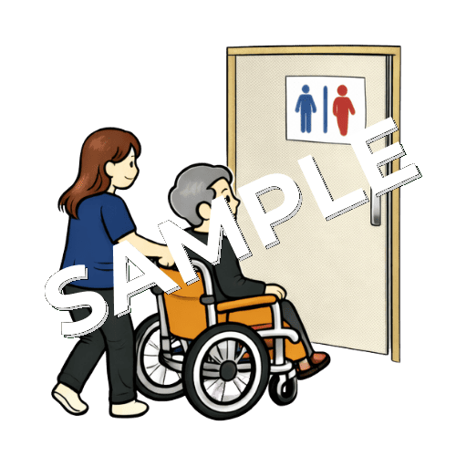 男性患者を車椅子でトイレ誘導する女性理学療法士のイラスト
