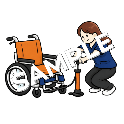 車椅子のタイヤに空気を入れる女性理学療法士のイラスト