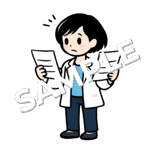 資料を見比べるボブヘアの女性薬剤師のイラスト